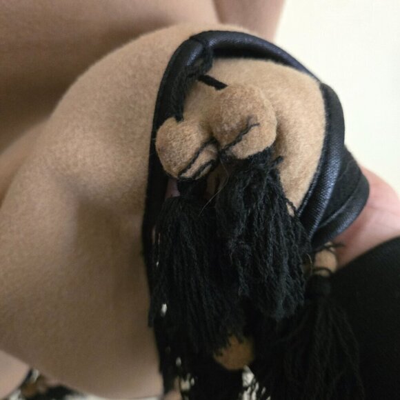 Neutral Reversible Cape Poncho Beige Black Faux Leather Trim Pom Pom One Size - Picture 5 of 6